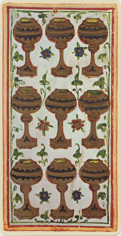 Il Nove di Coppe, facsimile di una carta dei tarocchi dal mazzo 